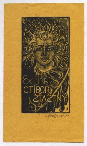 Ex-libris S. Mrożewského pre C. Štaštný, 1942, podpísané ceruzkou.