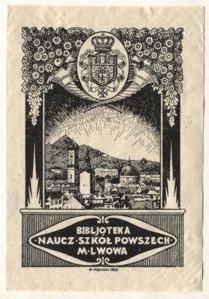 Ekslibris R. Mękicki per Bibljoteka Naucz. Biblioteca degli insegnanti delle scuole comuni della città di Lwów, 1925. Leopoli, 1925.