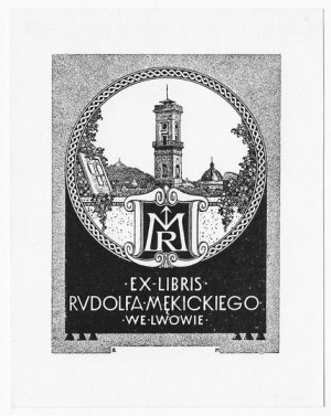 Autoexlibris Rudolfa Mękického podpísaný na doske monogramom R. M.