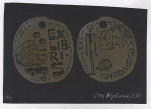 Ekslibris by J. Napieracz for Bronislaw Chromy, 1975, signed in crayon.