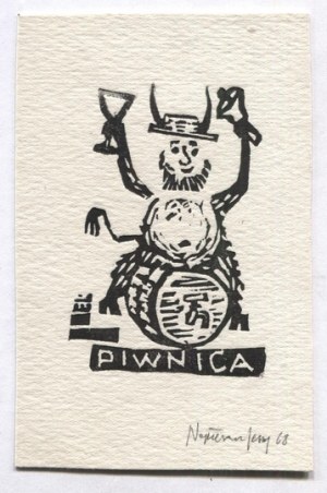 Ekslibris di J. Napieracz per Piwnica pod Baranami, 1968. firmato a matita.
