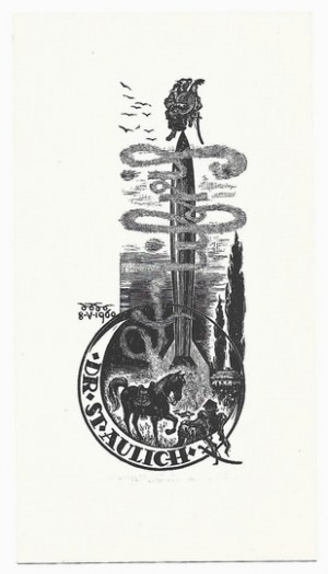 Ekslibris W. Waśkowskiego dla S. Aulicha, 1960, sygnowany ołówkiem przez artystę.