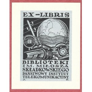 Ekslibris J. Toma dla Bibl. im. Miłosza Składkowskiego Państ. Inst. Telekom., z nie przed 1938.