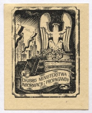 Exlibris di E. John per il Bibl. Ministero dell'Informazione e della Propaganda, 1946.
