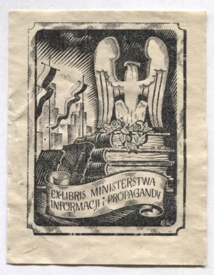 Exlibris de E. John pour le ministère de l'Information et de la Propagande de Bibl. Ministère de l'information et de la propagande, 1946.