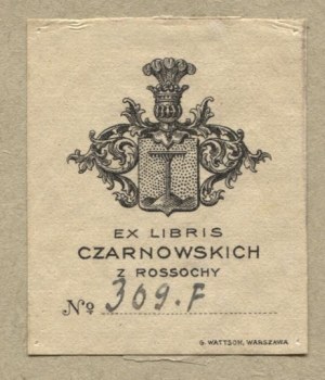 Heraldické eslibris rodu Czarnowských z Rossochy z druhé poloviny 19. století v litografii.