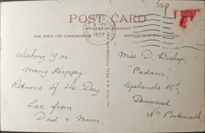 Cartolina di compleanno d'epoca, Regno Unito, 1937