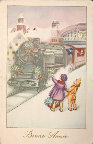 Pocztówka noworoczna vintage, Francja, 1940