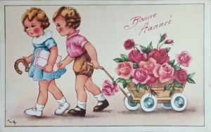 Carte postale vintage du Nouvel An, France, 1935