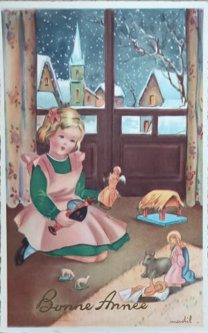 Cartolina d'epoca di Capodanno, Francia, 1955