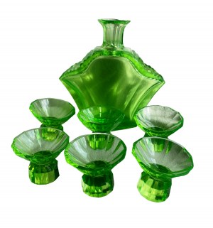 Súprava Art Déco z uránového skla, karafa a 6 pohárov