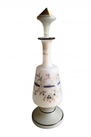 Dekoratívna, ručne maľovaná vintage karafa z mliečneho skla