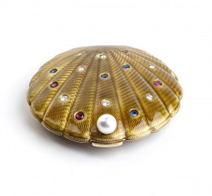 Złota i srebrna puderniczka z kamieniami szlachetnymi - nagroda Perla Di Sanremo 1954, własność hrabiny Paoli Della Chiesa