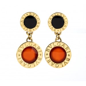 BULGARI: BVLGARI-BVLGARI collection, gold pendant earrings with carnelian and onix