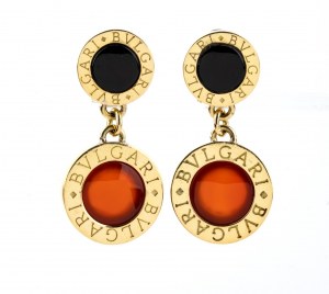 BULGARI: BVLGARI-BVLGARI collection, gold pendant earrings with carnelian and onix