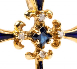 Diamond sapphire gold enamelled cross pendant