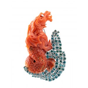 ASCIONE: Zlatá brož ve tvaru draka s modrým diamantem a korálem cerasuolo