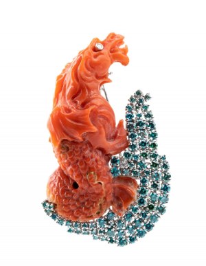 ASCIONE: Zlatá brož ve tvaru draka s modrým diamantem a korálem cerasuolo