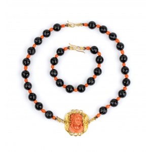 Coral onyx gold necklace and bracelet