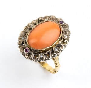 Bague en or et argent avec corail méditerranéen