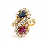 Ruby sapphire diamond contrarie' motif gold ring