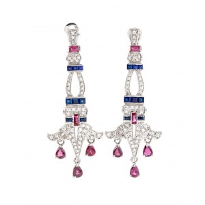 Paire de boucles d'oreilles saphirs bleus rubis diamants or en forme de goutte