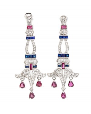 Paire de boucles d'oreilles saphirs bleus rubis diamants or en forme de goutte