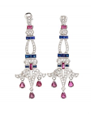 Blue sapphires rubies diamond gold drop pair of earrings