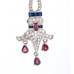 Paire de boucles d'oreilles saphirs bleus rubis diamants or en forme de goutte