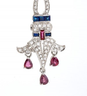Blue sapphires rubies diamond gold drop pair of earrings