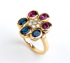 Kvetinový prsteň s diamantom rubínom a zafírom