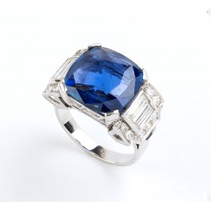 Prsten z bílého zlata s modrým safírem a diamantem