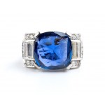 Prsten z bílého zlata s modrým safírem a diamantem