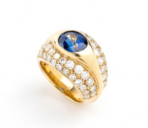 Anello a fascia in oro con zaffiro blu e diamante