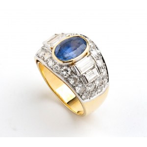 Blue sapphire diamond gold band ring