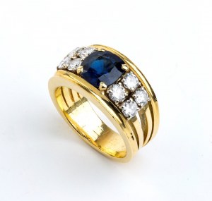 Zlatý prsteň so zafírmi a diamantmi