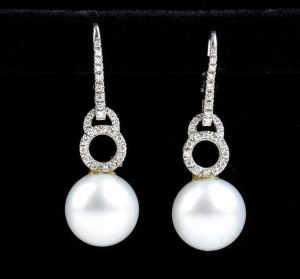 Australian pearl diamond drop gold earrings