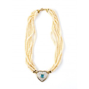 Collier en or avec topaze bleue, diamant et perle