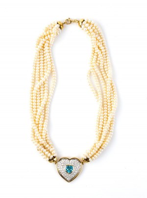 Złoty naszyjnik z niebieskim topazem i diamentową perłą