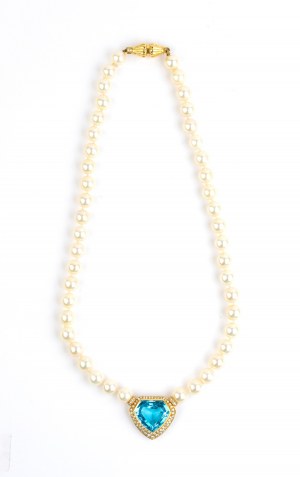 Diamantový zlatý náhrdelník s modrým topásom a perlou