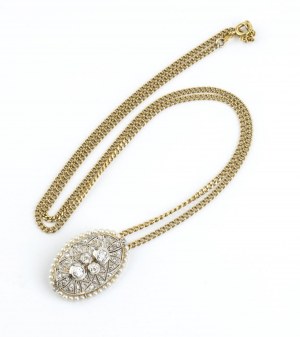 Diamentowo-perłowy złoty naszyjnik wisiorek-broszka