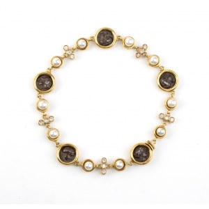 Gold bracelet with pearls, diamonds, and coins