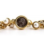 Gold bracelet with pearls, diamonds, and coins