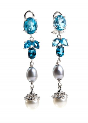 Boucles d'oreilles gouttes de topaze bleue et de perles