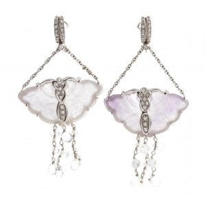 Gold pendant earrings with diamonds and lavender jade
