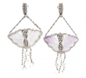 Gold pendant earrings with diamonds and lavender jade