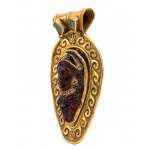 Gold archeological-style pendant with amber and emeralds