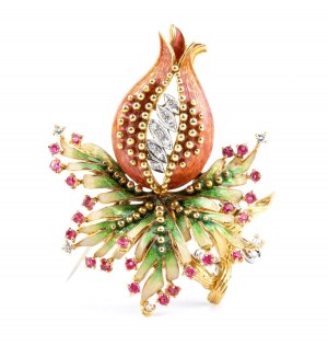 Diamond ruby enamel gold pomegranate brooch