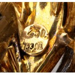 Diamentowa, rubinowa, emaliowana złota broszka w kształcie granatu
