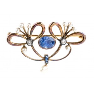 Blue sapphire diamond pearl gold silver brooch